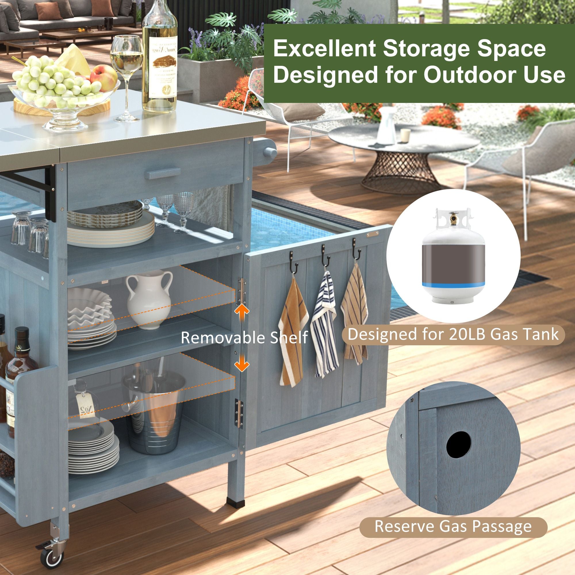 40.5" Outdoor Grill Cart with Stainless Steel Top, Solid Wood Outdoor Storage Cabinet with Drop Leaf, One Drawer, Towel Rack, Rolling Kitchen Cart with Lockable Wheels for Lawn Garden