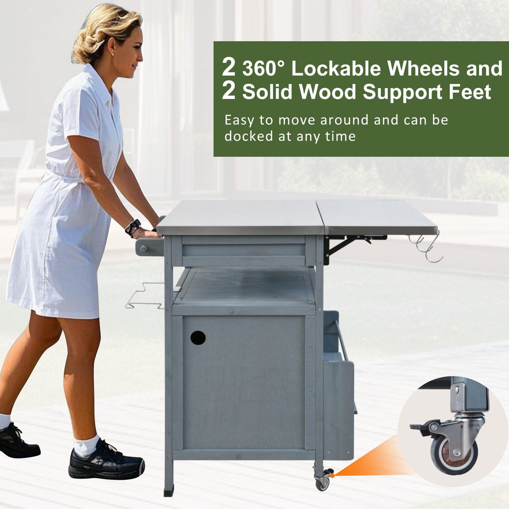 40.5" Outdoor Grill Cart with Stainless Steel Top, Solid Wood Outdoor Storage Cabinet with Drop Leaf, One Drawer, Towel Rack, Rolling Kitchen Cart with Lockable Wheels for Lawn Garden