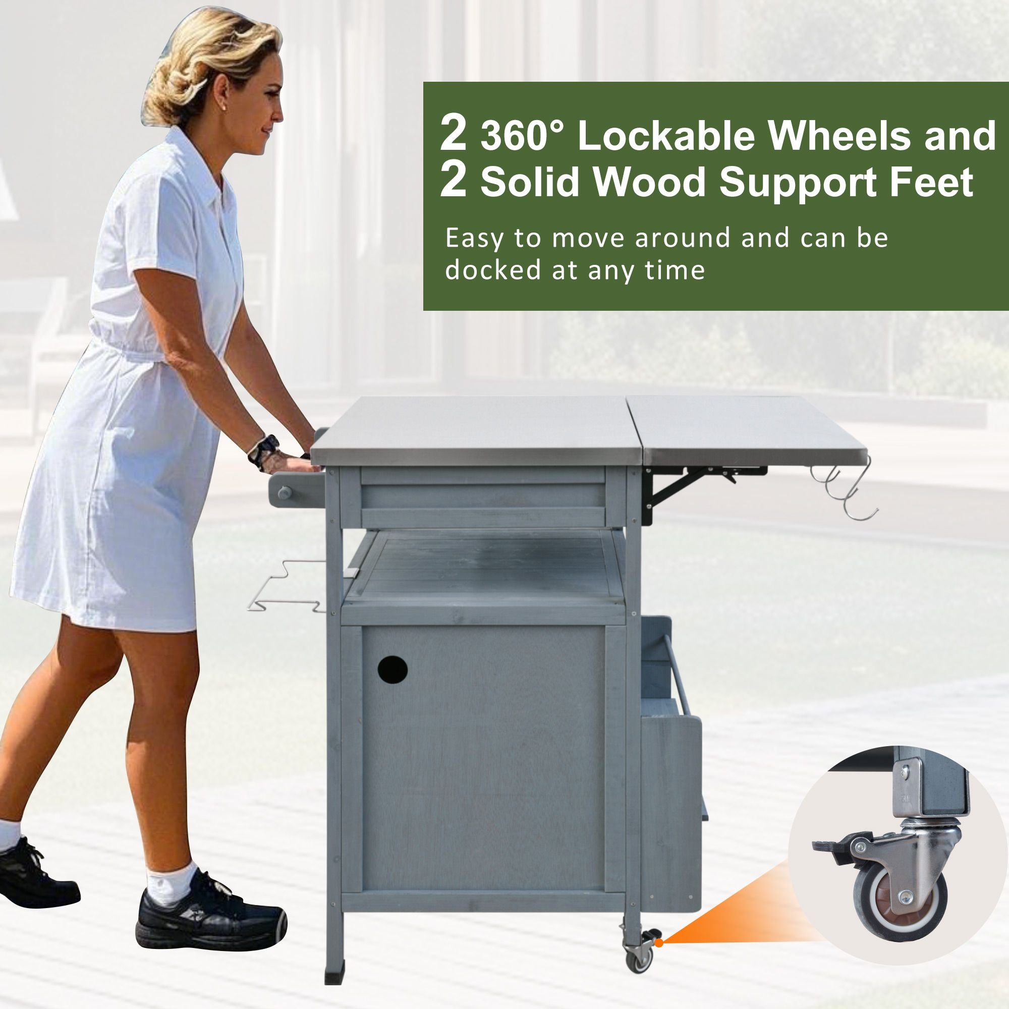 40.5" Outdoor Grill Cart with Stainless Steel Top, Solid Wood Outdoor Storage Cabinet with Drop Leaf, One Drawer, Towel Rack, Rolling Kitchen Cart with Lockable Wheels for Lawn Garden