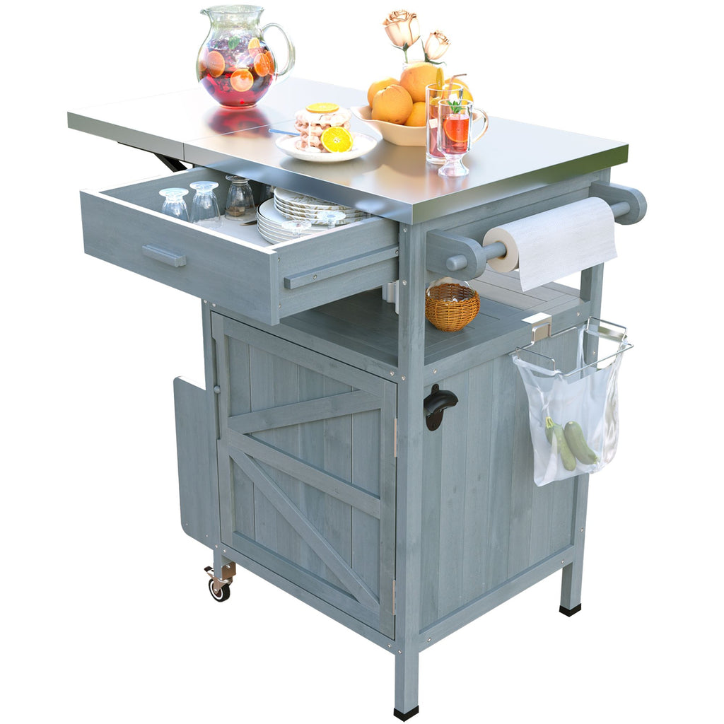 40.5" Outdoor Grill Cart with Stainless Steel Top, Solid Wood Outdoor Storage Cabinet with Drop Leaf, One Drawer, Towel Rack, Rolling Kitchen Cart with Lockable Wheels for Lawn Garden