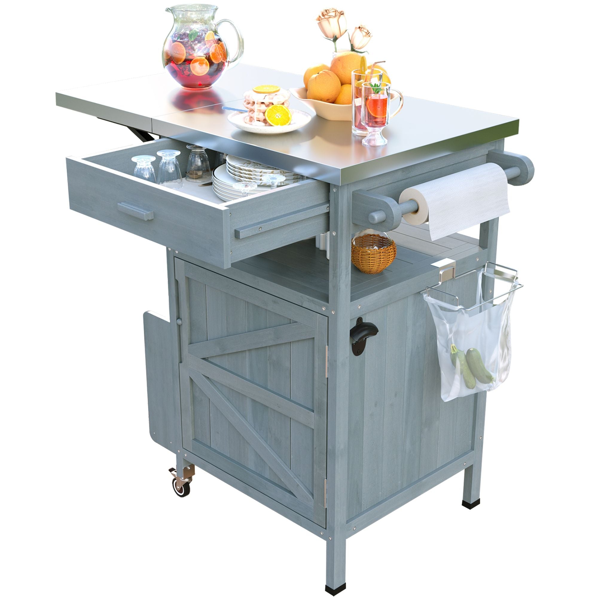 40.5" Outdoor Grill Cart with Stainless Steel Top, Solid Wood Outdoor Storage Cabinet with Drop Leaf, One Drawer, Towel Rack, Rolling Kitchen Cart with Lockable Wheels for Lawn Garden