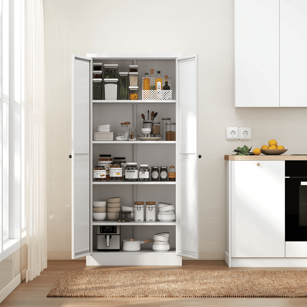 61" White Metal Kitchen Pantry Cabinet Adjustable Storage with 4 Shelves (110lb Capacity), Heavy Duty Freestanding Pantry Organizer for Kitchen, Pantry, Living Room