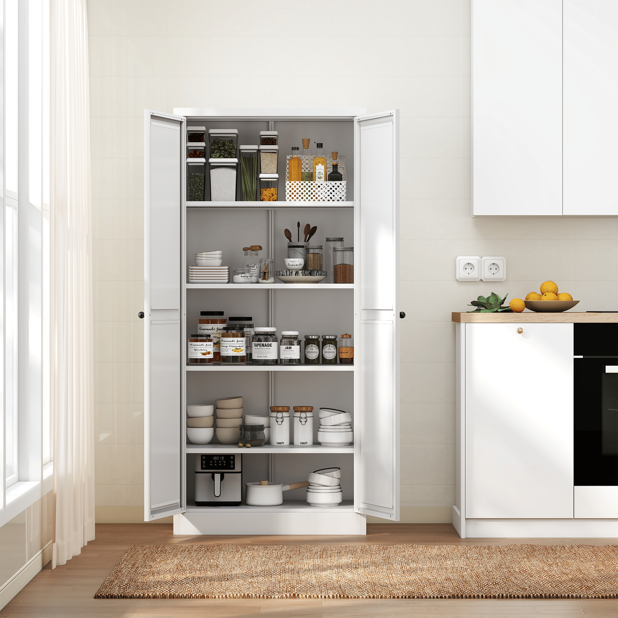 61" White Metal Kitchen Pantry Cabinet Adjustable Storage with 4 Shelves (110lb Capacity), Heavy Duty Freestanding Pantry Organizer for Kitchen, Pantry, Living Room
