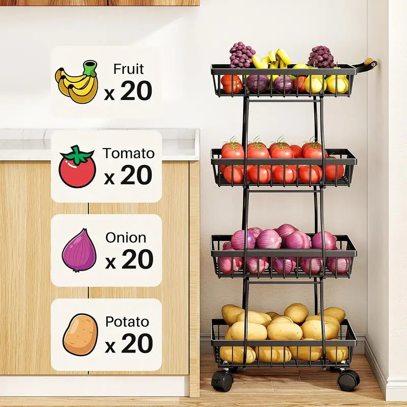 4 Tier Stackable Metal Vegetable Storage Rack with Wheels Rotating Corner Kitchen Organizer Basket for Potato Onion Banana Fruit Pantry Accessories Black