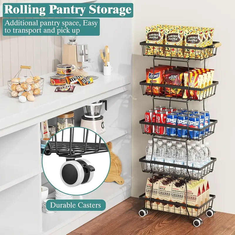 4 Tier Stackable Metal Vegetable Storage Rack with Wheels Rotating Corner Kitchen Organizer Basket for Potato Onion Banana Fruit Pantry Accessories Black