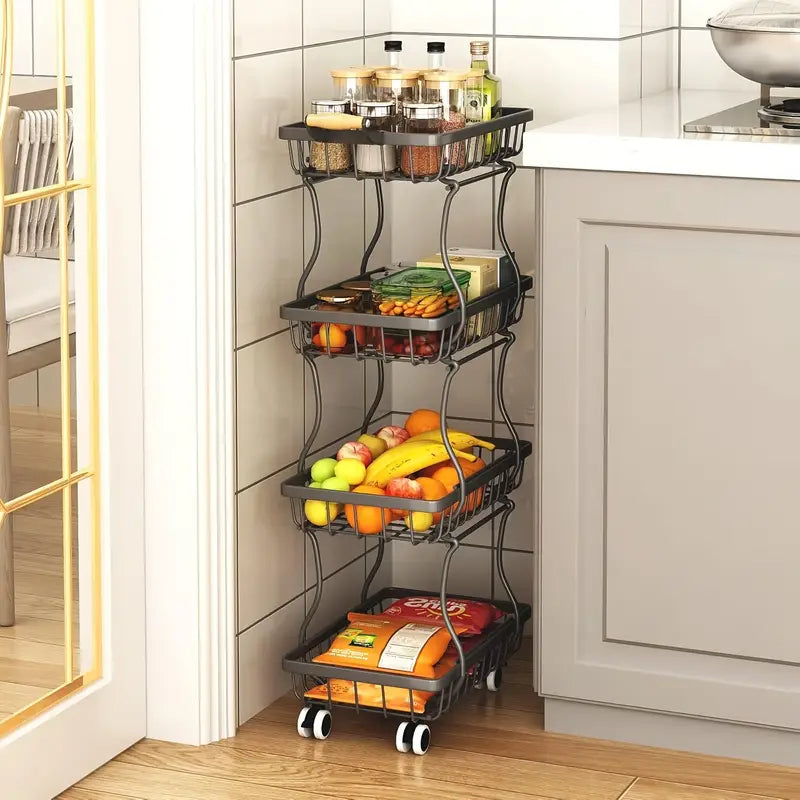 4 Tier Stackable Metal Vegetable Storage Rack with Wheels Rotating Corner Kitchen Organizer Basket for Potato Onion Banana Fruit Pantry Accessories Black