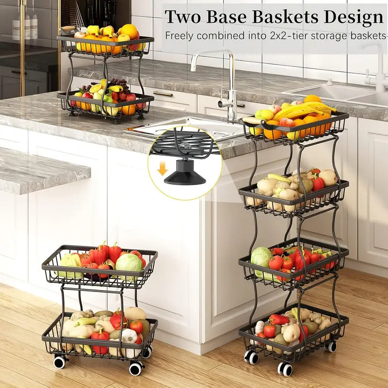 4 Tier Stackable Metal Vegetable Storage Rack with Wheels Rotating Corner Kitchen Organizer Basket for Potato Onion Banana Fruit Pantry Accessories Black
