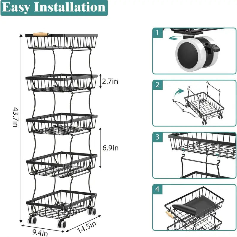 4 Tier Stackable Metal Vegetable Storage Rack with Wheels Rotating Corner Kitchen Organizer Basket for Potato Onion Banana Fruit Pantry Accessories Black
