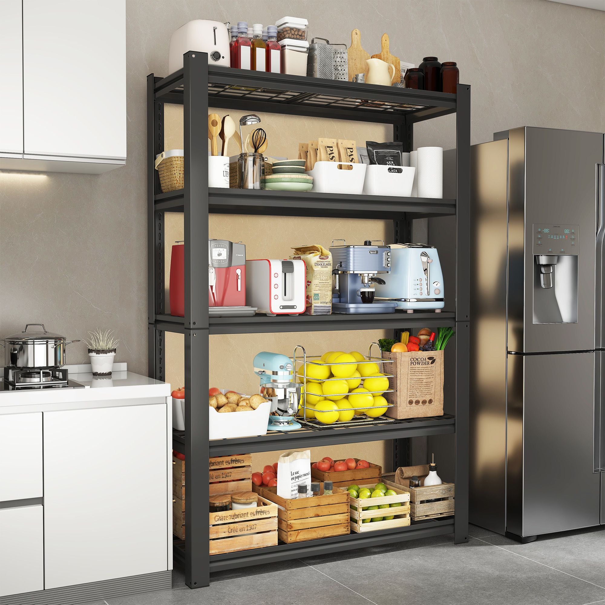 72"H 5-Tier Adjustable Heavy Duty Shelving Metal Mesh Storage Rack (2000 Lbs Loading Capacity) - Metal Shelf Organizer for Pantry, Garage, Kitchen - 35.43"W*15.75"D*72"H - Black
