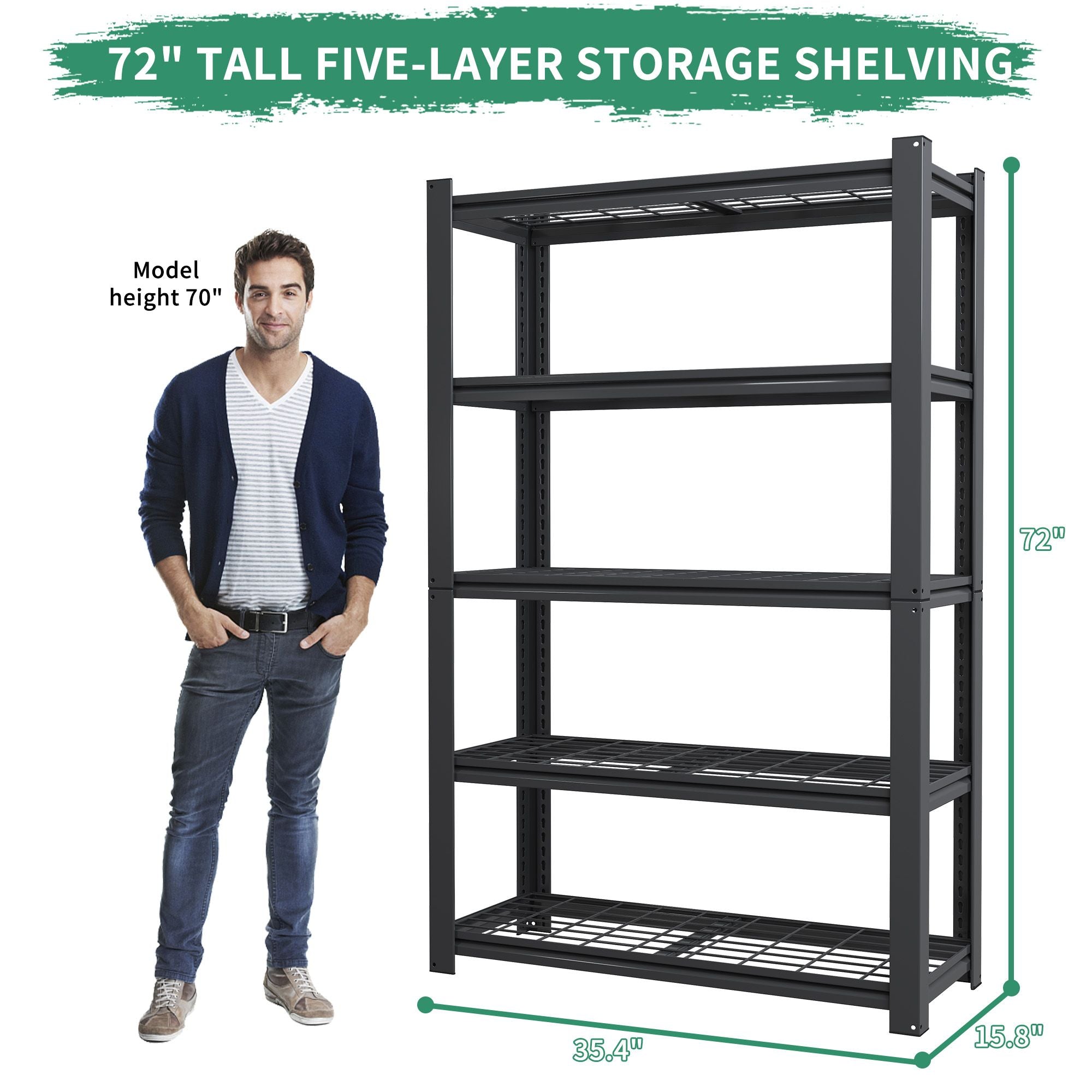 72"H 5-Tier Adjustable Heavy Duty Shelving Metal Mesh Storage Rack (2000 Lbs Loading Capacity) - Metal Shelf Organizer for Pantry, Garage, Kitchen - 35.43"W*15.75"D*72"H - Black