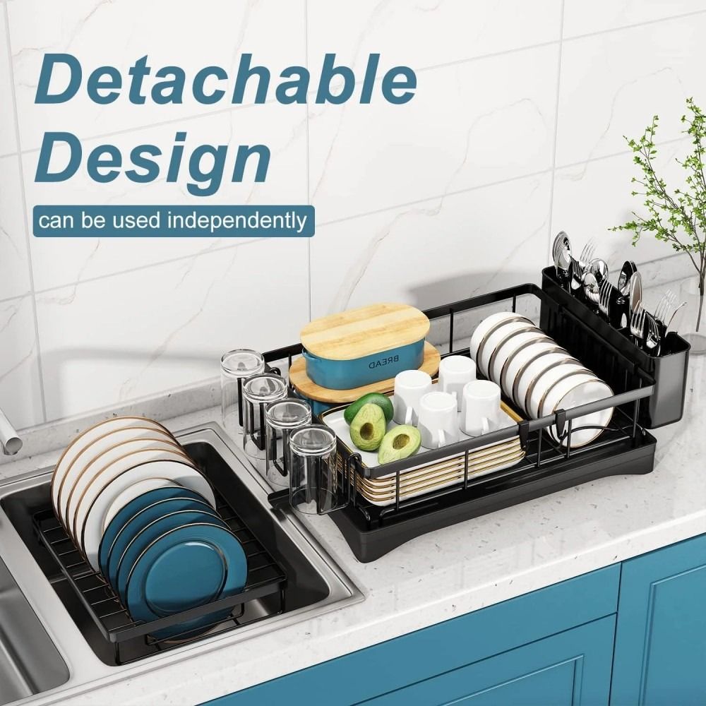 Detachable 2 Tier Dish Drying Rack with Drainboard, Rustproof Metal Dish Rack for Kitchen Countertop, Large Capacity Organizer for Plates Bowls Cups Utensils Cutting Board, Space Saving Storage