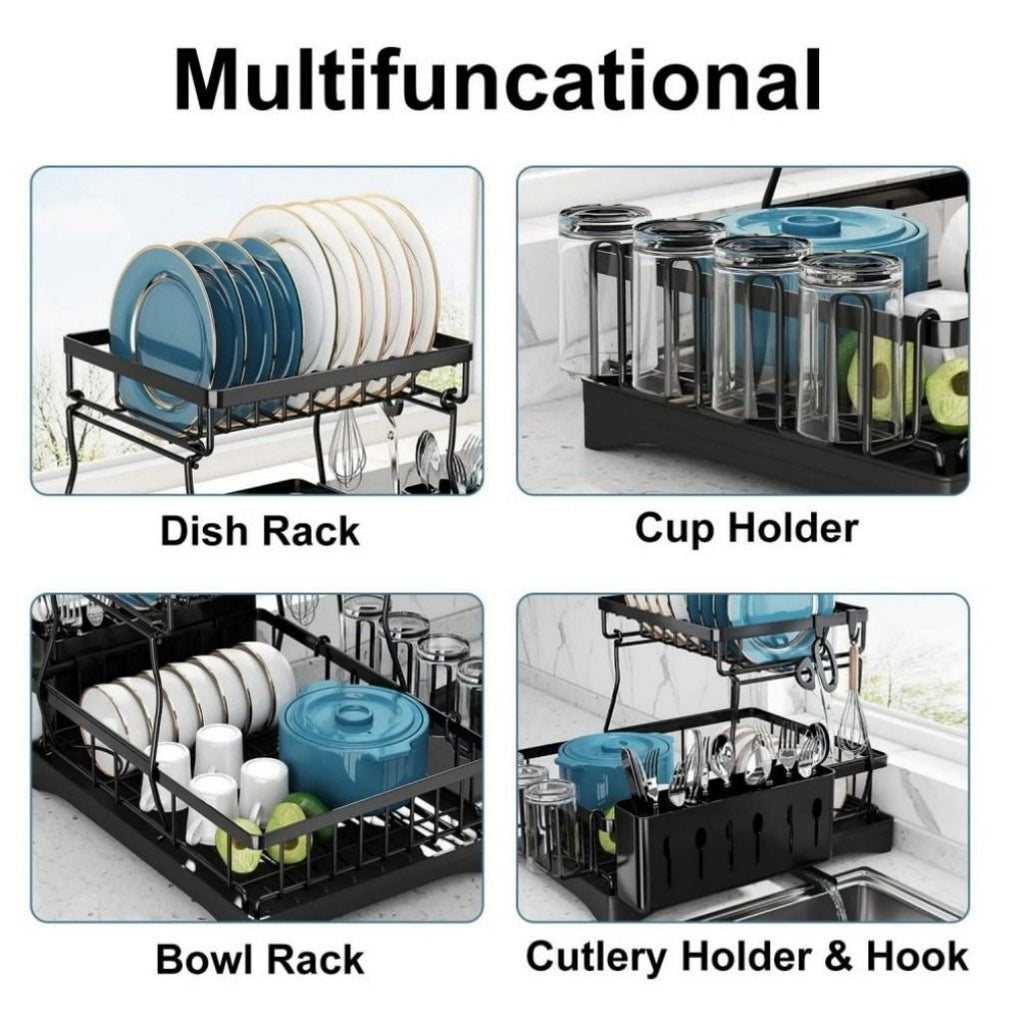 Detachable 2 Tier Dish Drying Rack with Drainboard, Rustproof Metal Dish Rack for Kitchen Countertop, Large Capacity Organizer for Plates Bowls Cups Utensils Cutting Board, Space Saving Storage