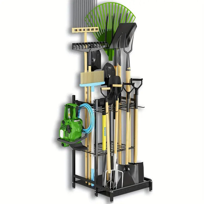 Heavy Duty Garden Tool Organizer Rack with Hooks – Metal Yard Storage Stand for Long-Handled Tools Brooms Shovels Rakes – Durable Outdoor Tool Holder in Black for Garage Shed or Store Display