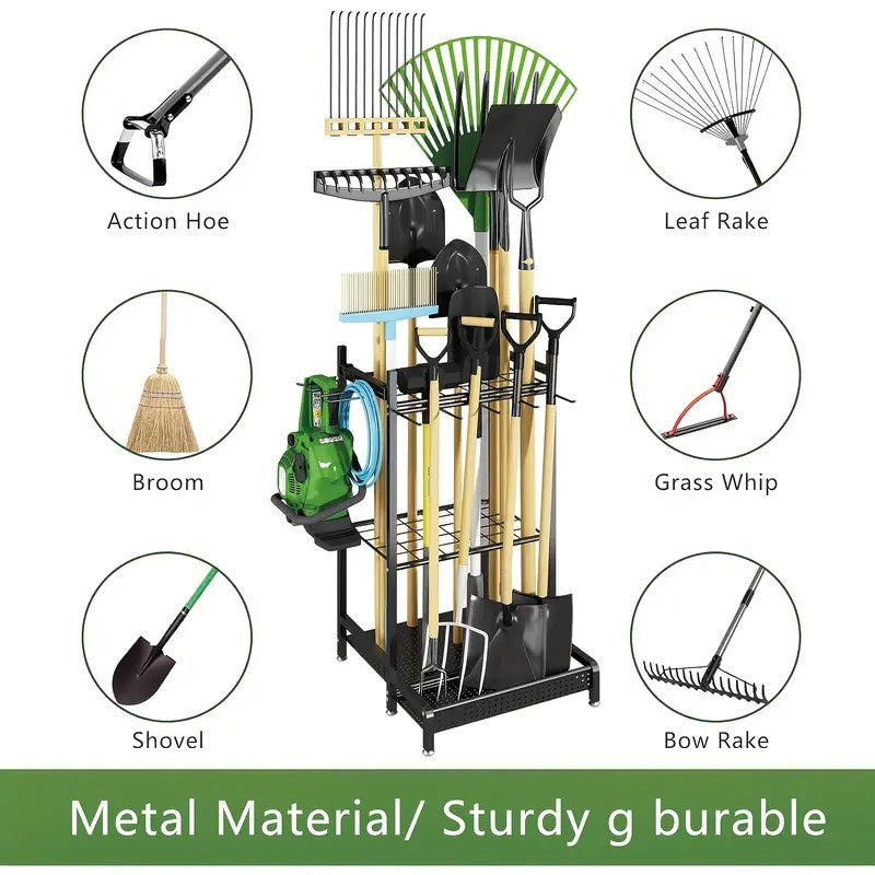 Heavy Duty Garden Tool Organizer Rack with Hooks – Metal Yard Storage Stand for Long-Handled Tools Brooms Shovels Rakes – Durable Outdoor Tool Holder in Black for Garage Shed or Store Display