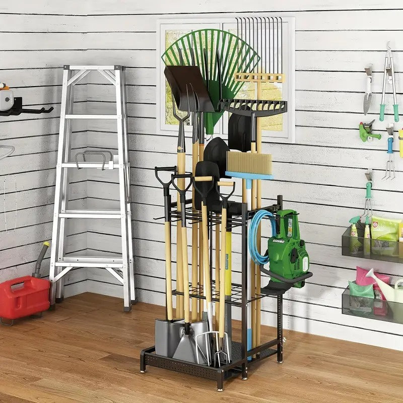 Heavy Duty Garden Tool Organizer Rack with Hooks – Metal Yard Storage Stand for Long-Handled Tools Brooms Shovels Rakes – Durable Outdoor Tool Holder in Black for Garage Shed or Store Display