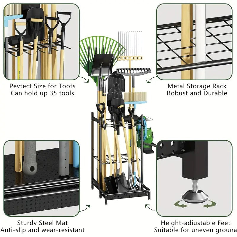 Heavy Duty Garden Tool Organizer Rack with Hooks – Metal Yard Storage Stand for Long-Handled Tools Brooms Shovels Rakes – Durable Outdoor Tool Holder in Black for Garage Shed or Store Display