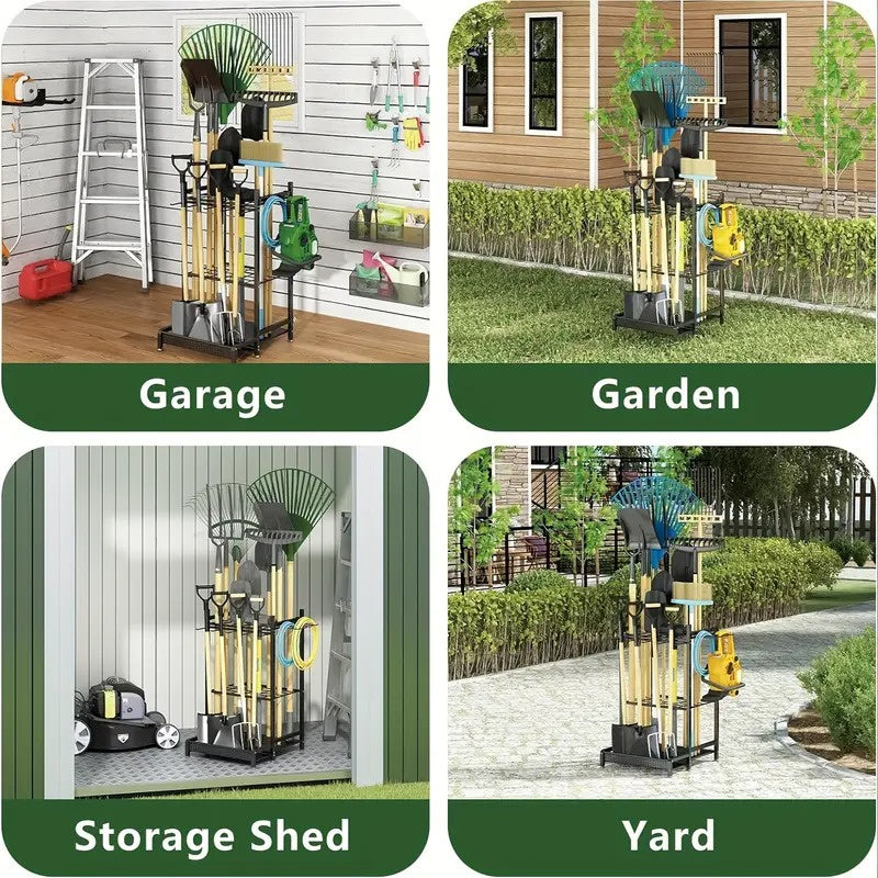 Heavy Duty Garden Tool Organizer Rack with Hooks – Metal Yard Storage Stand for Long-Handled Tools Brooms Shovels Rakes – Durable Outdoor Tool Holder in Black for Garage Shed or Store Display