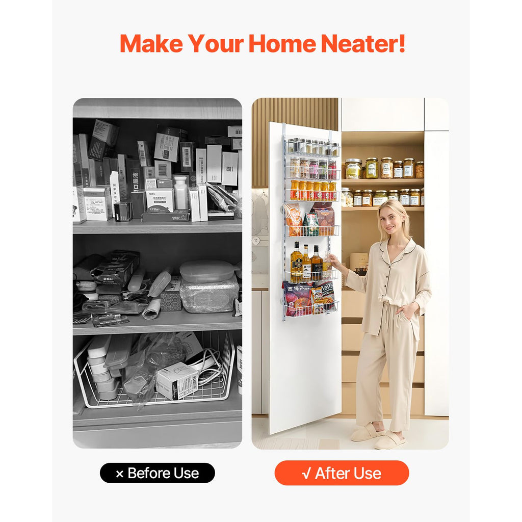 Over the Door Pantry Organizer, 6-Tier Pantry Organization and Storage, Heavy-Duty Steel Hanging Spice Rack, Adjustable Wall Seasoning Shelves, for Home Kitchen Laundry Room Bathroom, White