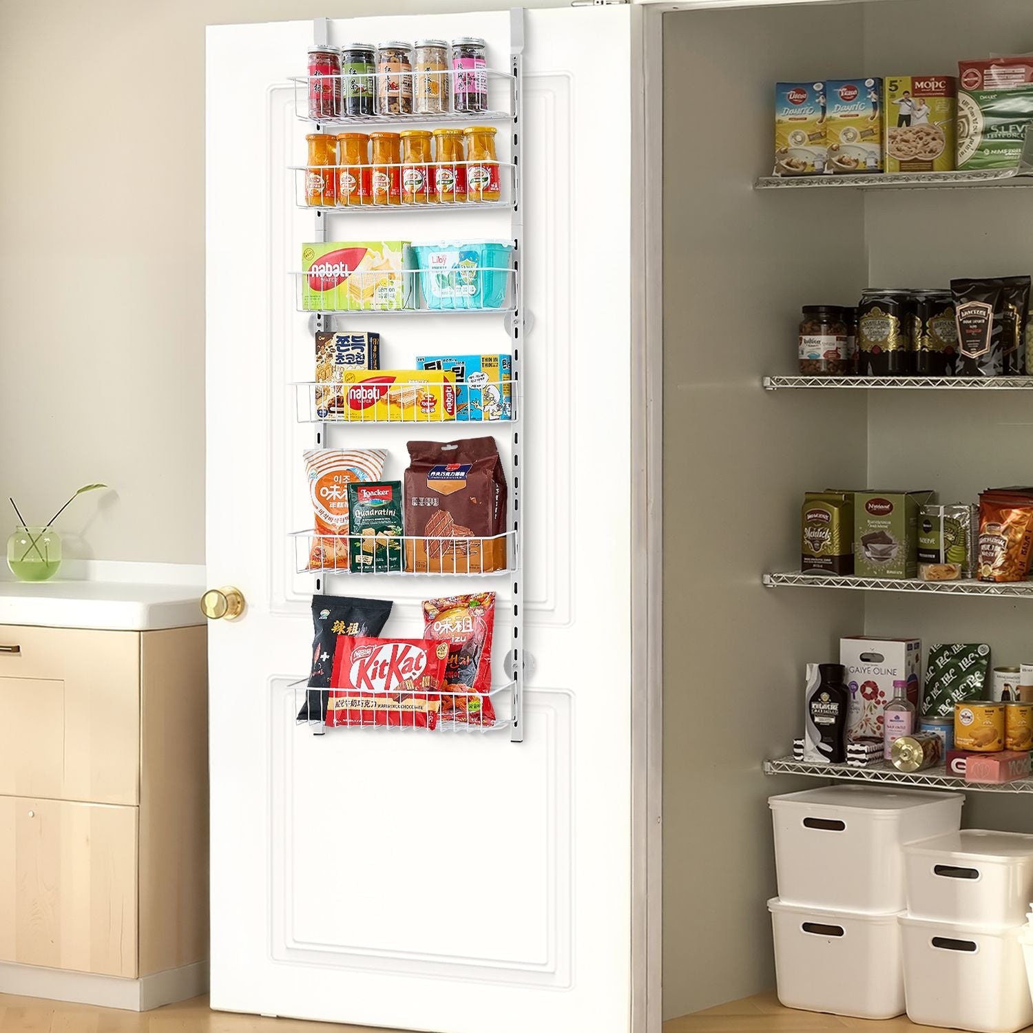 Over the Door Pantry Organizer, 6-Tier Pantry Organization and Storage, Heavy-Duty Steel Hanging Spice Rack, Adjustable Wall Seasoning Shelves, for Home Kitchen Laundry Room Bathroom, White