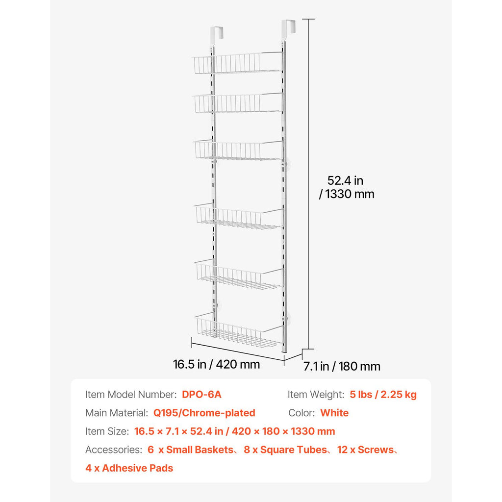 Over the Door Pantry Organizer, 6-Tier Pantry Organization and Storage, Heavy-Duty Steel Hanging Spice Rack, Adjustable Wall Seasoning Shelves, for Home Kitchen Laundry Room Bathroom, White