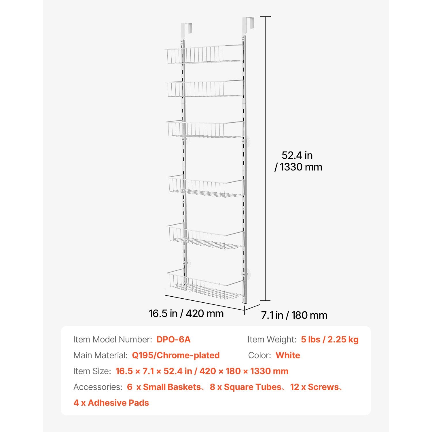 Over the Door Pantry Organizer, 6-Tier Pantry Organization and Storage, Heavy-Duty Steel Hanging Spice Rack, Adjustable Wall Seasoning Shelves, for Home Kitchen Laundry Room Bathroom, White