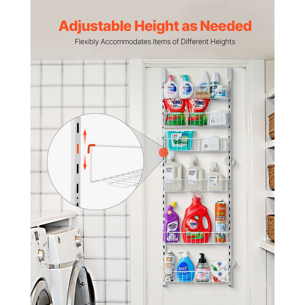 Over the Door Pantry Organizer, 6-Tier Pantry Organization and Storage, Heavy-Duty Steel Hanging Spice Rack, Adjustable Wall Seasoning Shelves, for Home Kitchen Laundry Room Bathroom, White