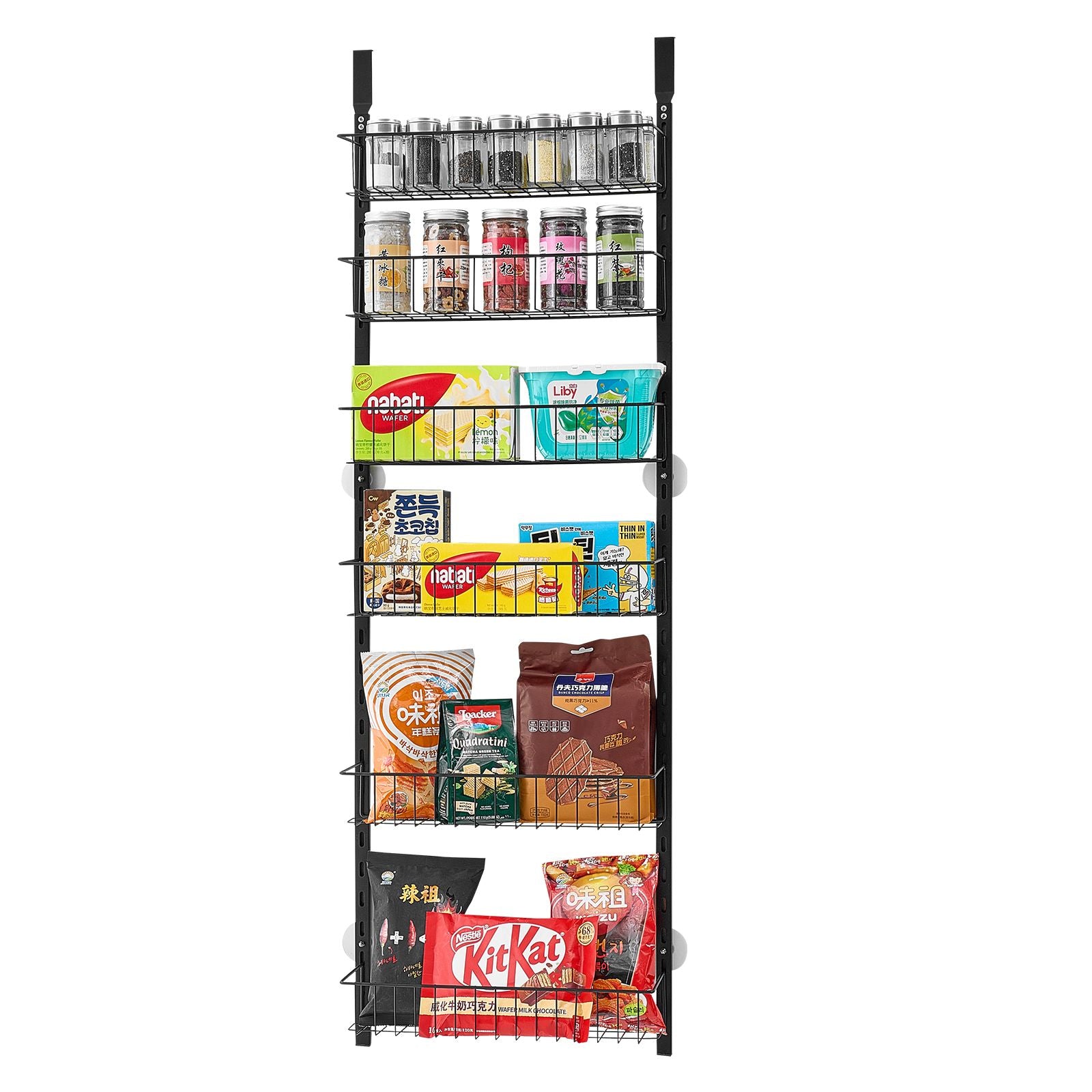 Over the Door Pantry Organizer, 6-Tier Pantry Organization and Storage, Heavy-Duty Steel Hanging Spice Rack, Adjustable Wall Seasoning Shelves, for Home Kitchen Laundry Room Bathroom, Black