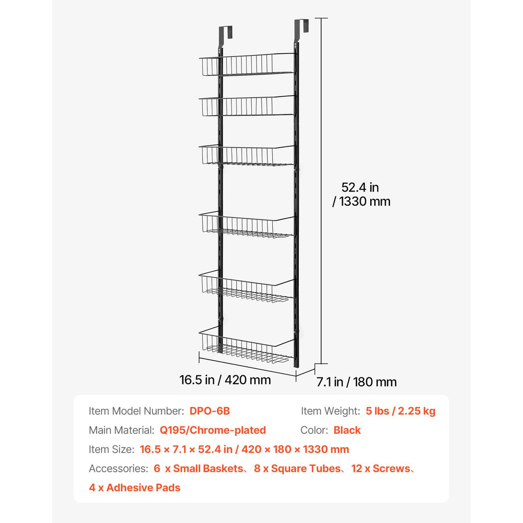 Over the Door Pantry Organizer, 6-Tier Pantry Organization and Storage, Heavy-Duty Steel Hanging Spice Rack, Adjustable Wall Seasoning Shelves, for Home Kitchen Laundry Room Bathroom, Black