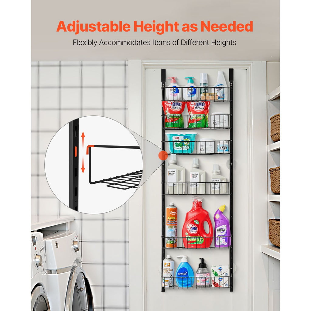 Over the Door Pantry Organizer, 6-Tier Pantry Organization and Storage, Heavy-Duty Steel Hanging Spice Rack, Adjustable Wall Seasoning Shelves, for Home Kitchen Laundry Room Bathroom, Black