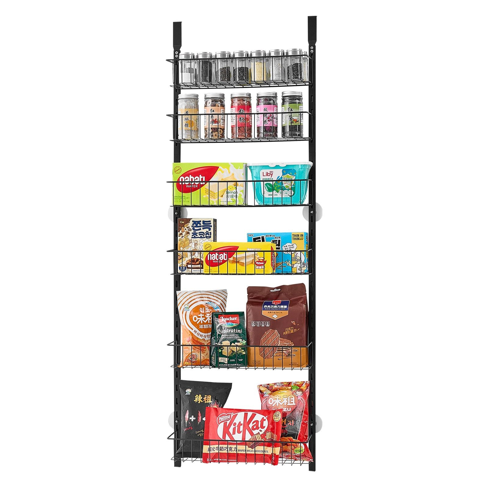 Over the Door Pantry Organizer, 6-Tier Pantry Organization and Storage, Heavy-Duty Steel Hanging Spice Rack, Adjustable Wall Seasoning Shelves, for Home Kitchen Laundry Room Bathroom, Black