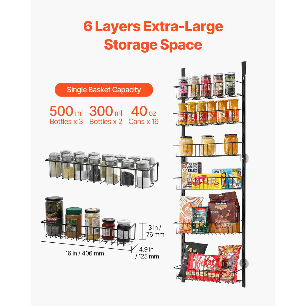 Over the Door Pantry Organizer, 6-Tier Pantry Organization and Storage, Heavy-Duty Steel Hanging Spice Rack, Adjustable Wall Seasoning Shelves, for Home Kitchen Laundry Room Bathroom, Black