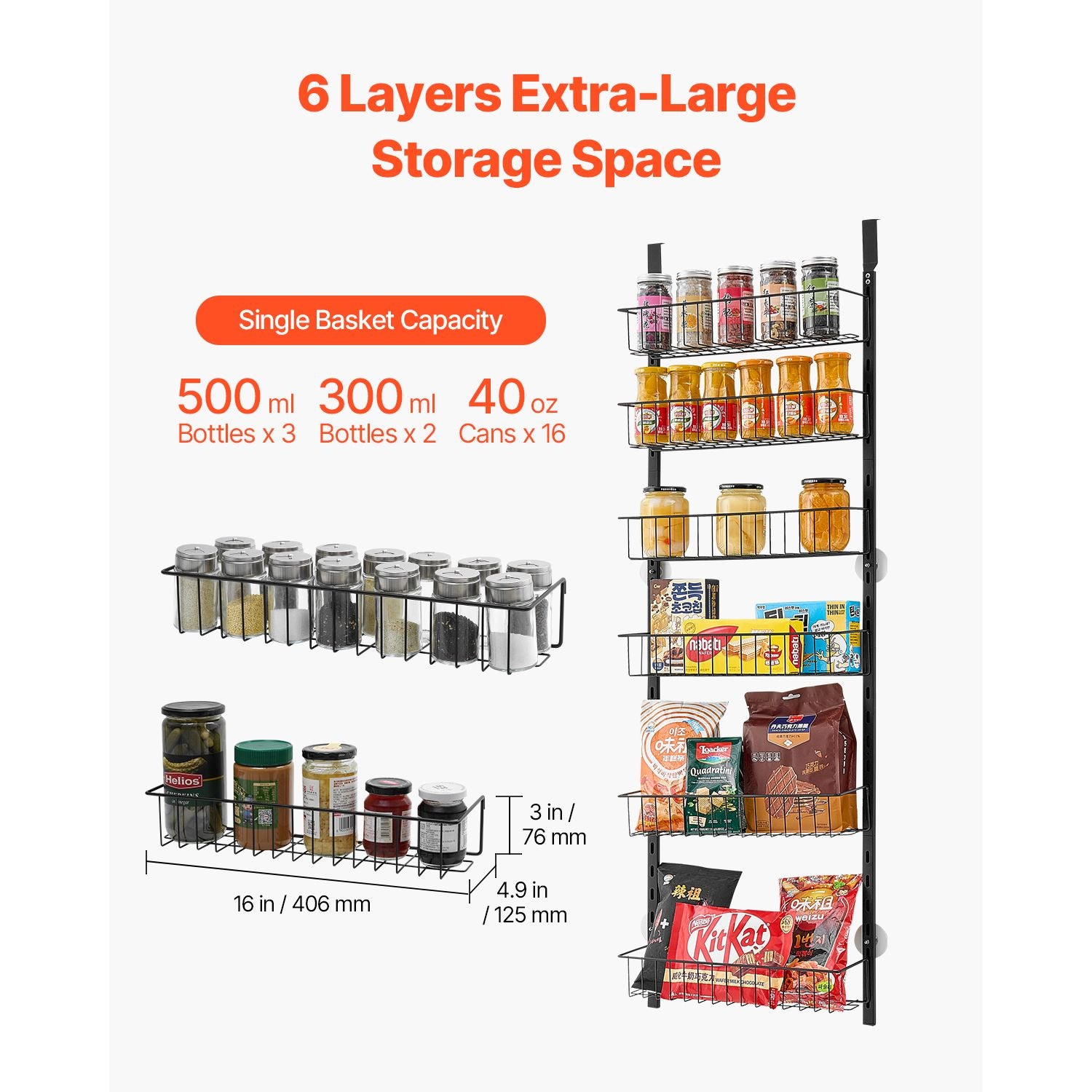 Over the Door Pantry Organizer, 6-Tier Pantry Organization and Storage, Heavy-Duty Steel Hanging Spice Rack, Adjustable Wall Seasoning Shelves, for Home Kitchen Laundry Room Bathroom, Black
