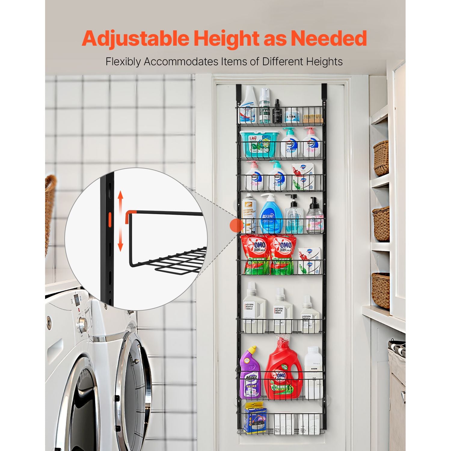 Over the Door Pantry Organizer, 8-Tier Pantry Organization and Storage, Heavy-Duty Steel Hanging Spice Rack, Adjustable Wall Seasoning Shelves, for Home Kitchen Laundry Room Bathroom, Black