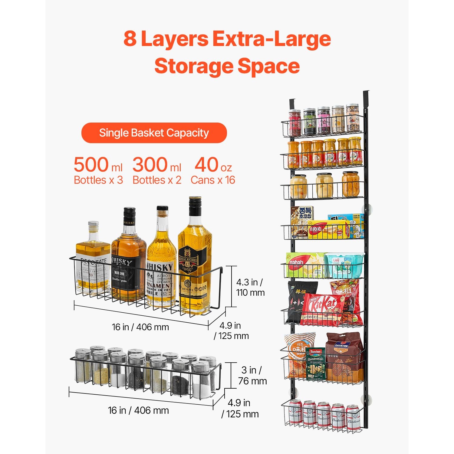 Over the Door Pantry Organizer, 8-Tier Pantry Organization and Storage, Heavy-Duty Steel Hanging Spice Rack, Adjustable Wall Seasoning Shelves, for Home Kitchen Laundry Room Bathroom, Black