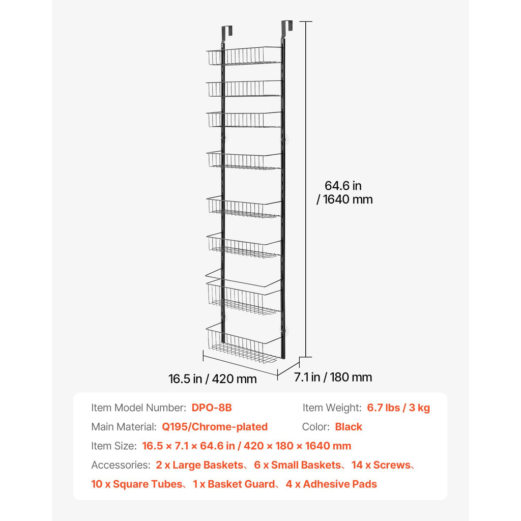 Over the Door Pantry Organizer, 8-Tier Pantry Organization and Storage, Heavy-Duty Steel Hanging Spice Rack, Adjustable Wall Seasoning Shelves, for Home Kitchen Laundry Room Bathroom, Black