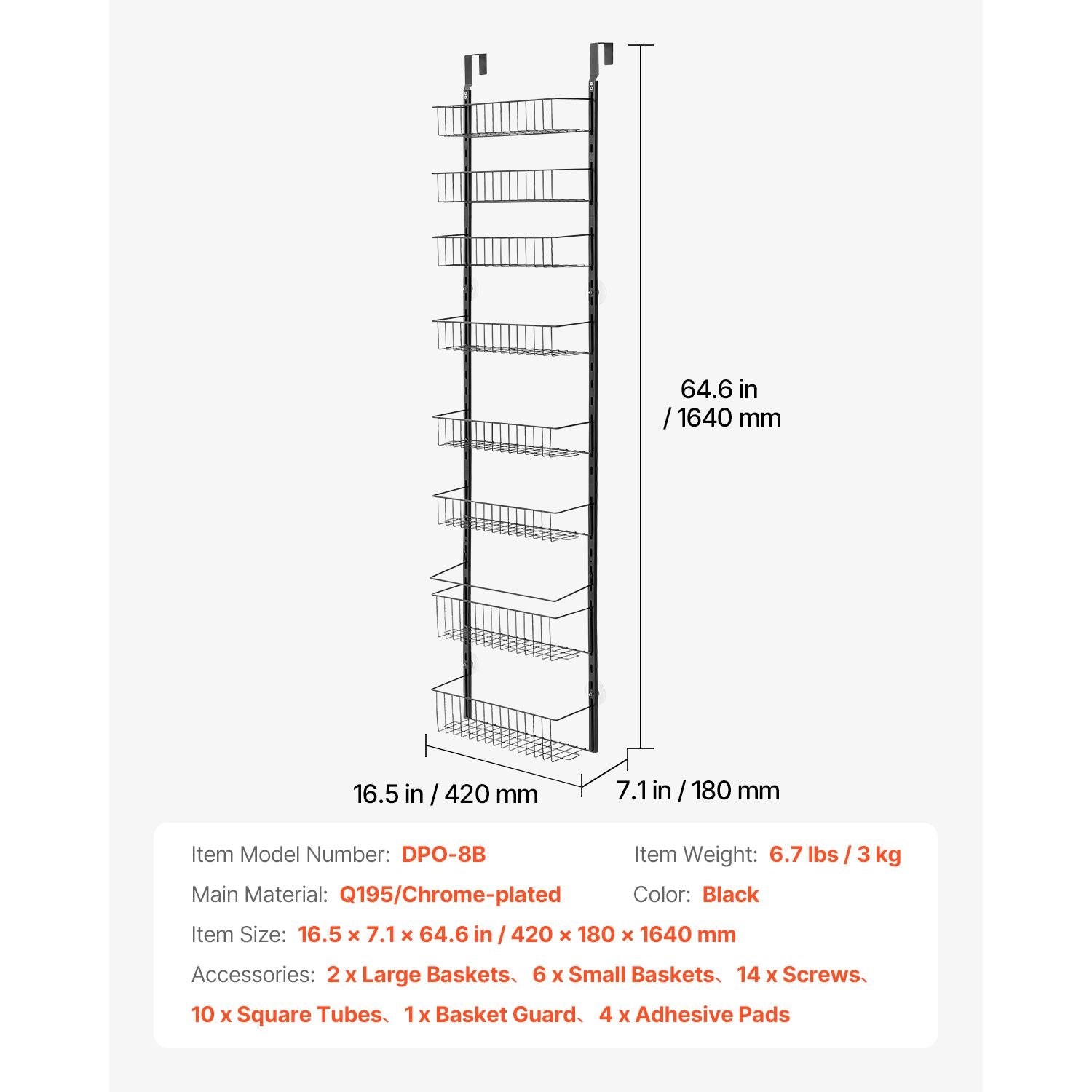 Over the Door Pantry Organizer, 8-Tier Pantry Organization and Storage, Heavy-Duty Steel Hanging Spice Rack, Adjustable Wall Seasoning Shelves, for Home Kitchen Laundry Room Bathroom, Black