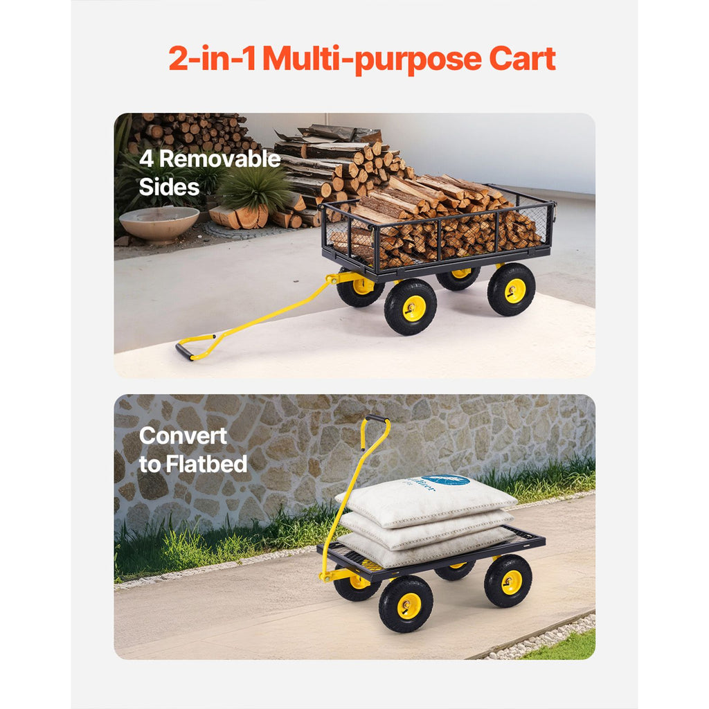 900 Lbs Heavy Duty Steel Garden Cart, Garden Wagon Cart on Wheels, Outdoor Metal Yard Utility Wagon Carts with 10" Tires and Mesh Removable Sides(Convert to Flatbed) and 180°Rotating Handle