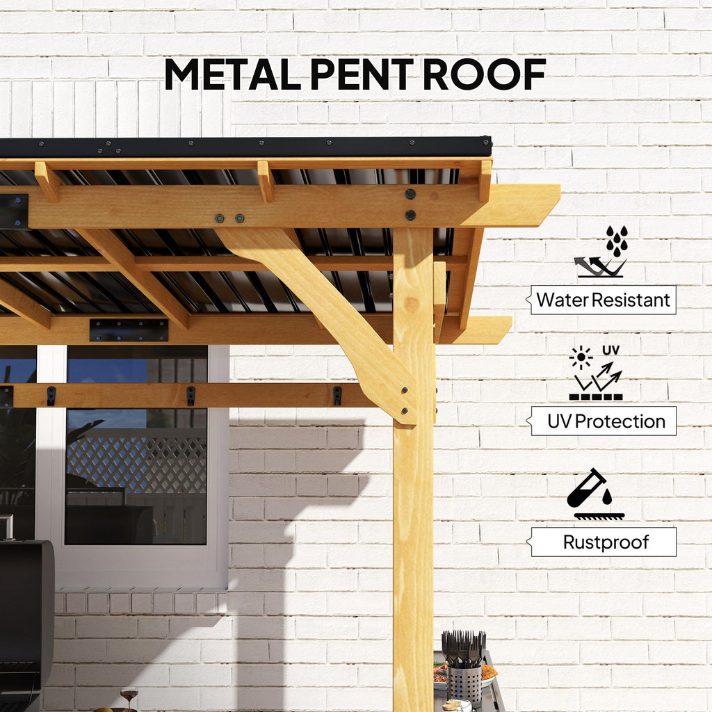 13' x 6' Wooden BBQ Grill Gazebo, Outdoor Hardtop Grill Gazebo with Metal Roof, 2 Bar Shelves and 6 Hooks, Natural