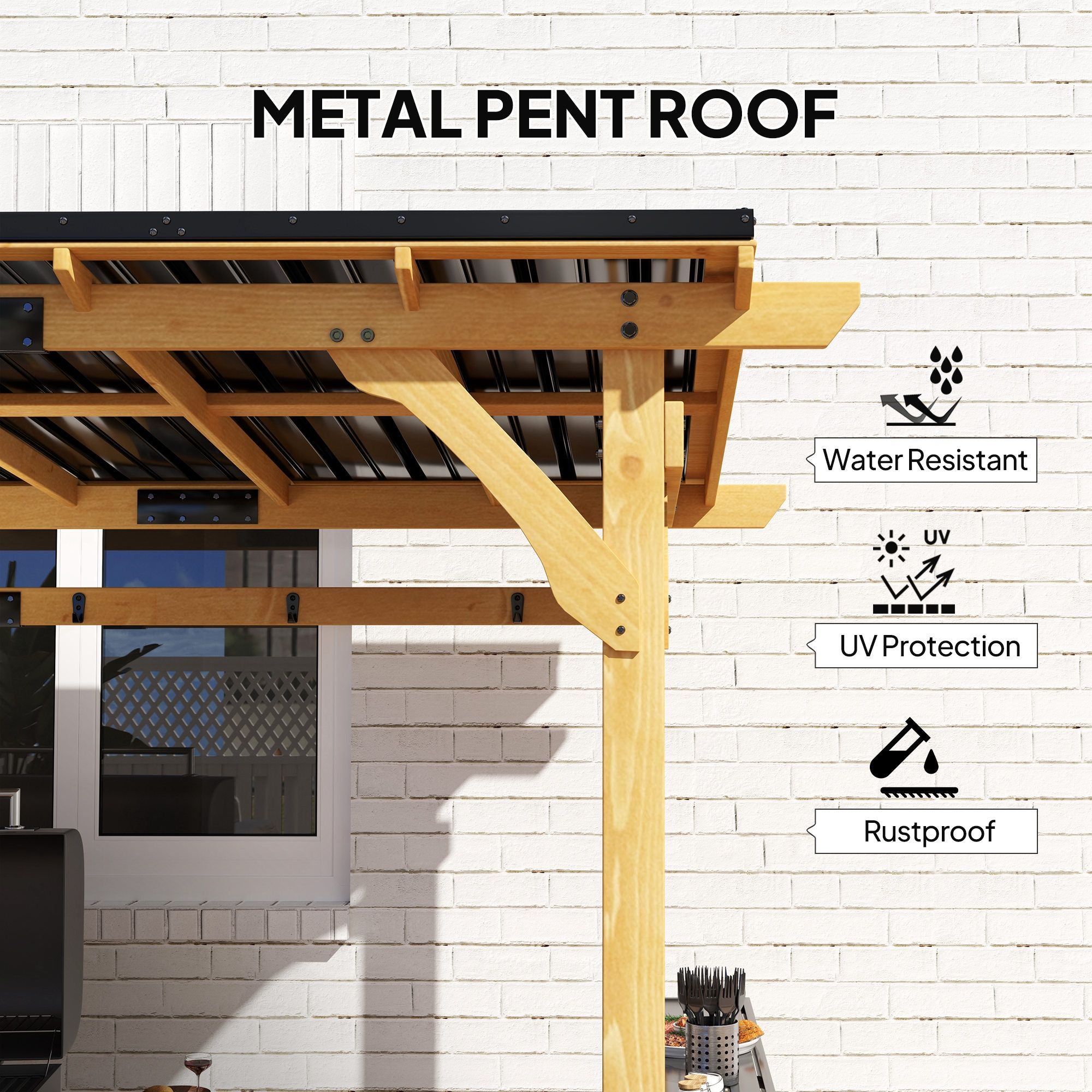 13' x 6' Wooden BBQ Grill Gazebo, Outdoor Hardtop Grill Gazebo with Metal Roof, 2 Bar Shelves and 6 Hooks, Natural