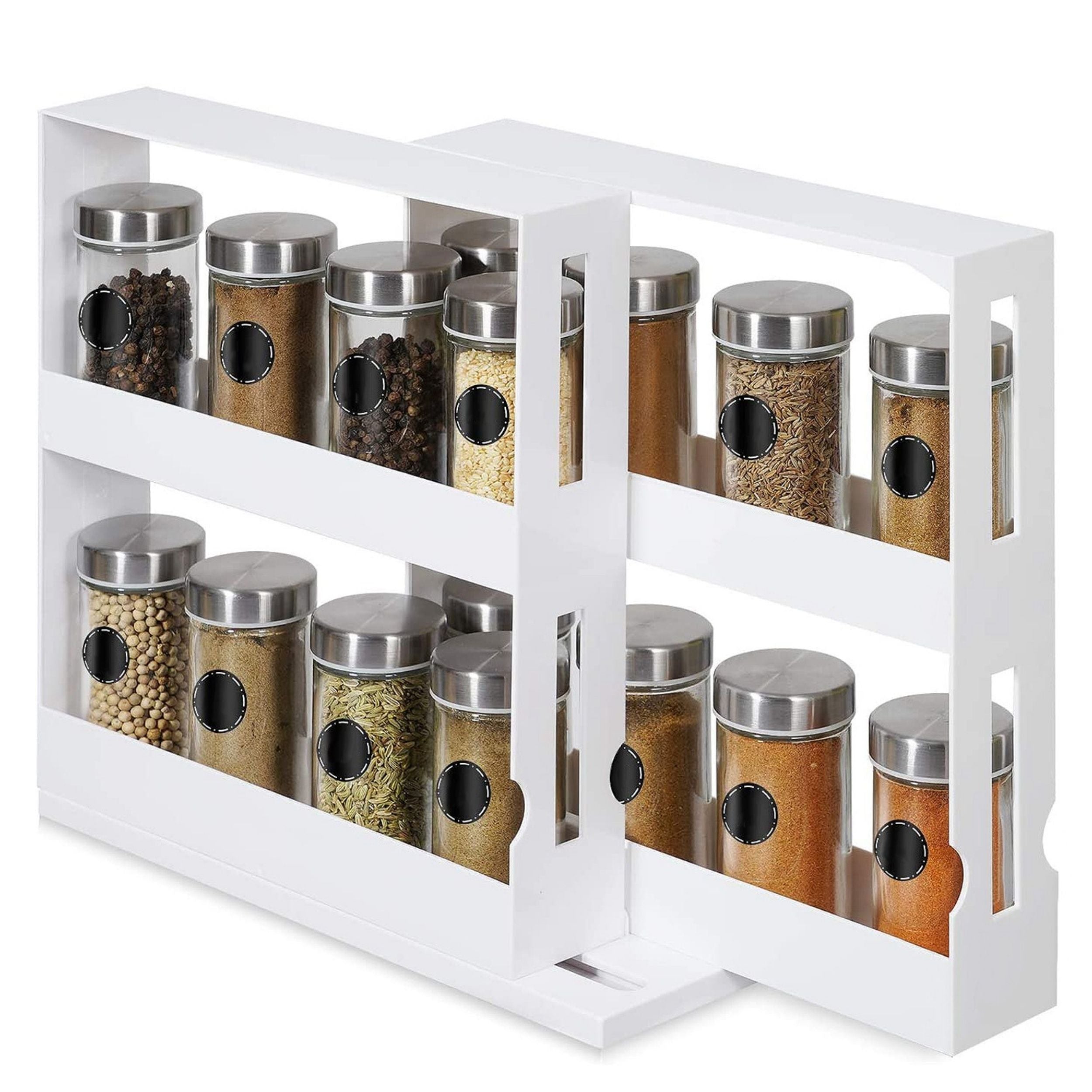 Swivel Cabinet Organizer with Revolving Kitchen Rack, holds spices, condiments & fits in cabinet, shelves included