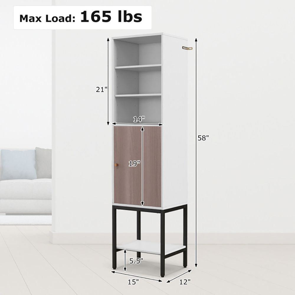 57 Inch Bathroom Tall Cabinet with 1 Door and 4 Shelves Narrow Storage Unit