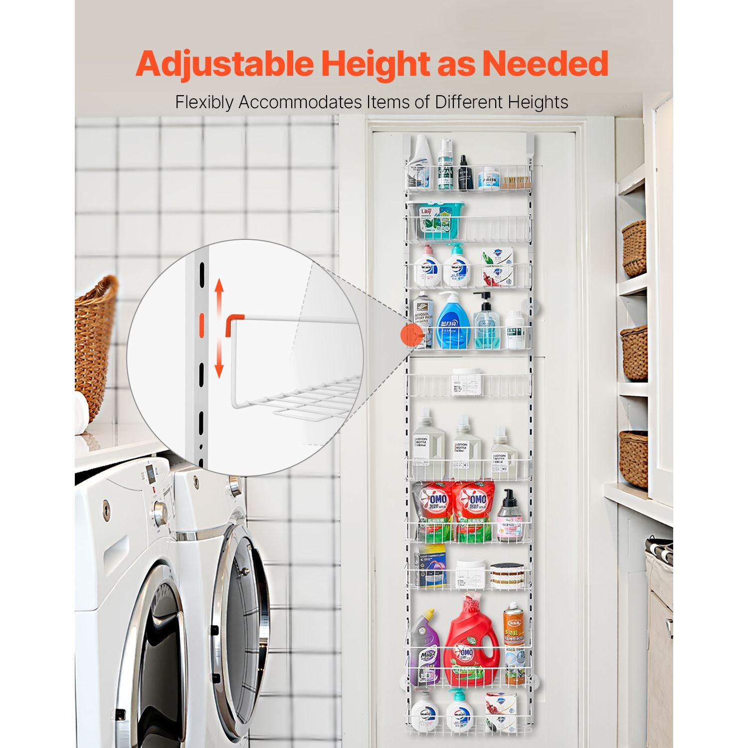 Over the Door Pantry Organizer, 10-Tier Pantry Organization and Storage, Heavy-Duty Steel Hanging Spice Rack, Adjustable Wall Seasoning Shelves, for Home Kitchen Laundry Room Bathroom, White