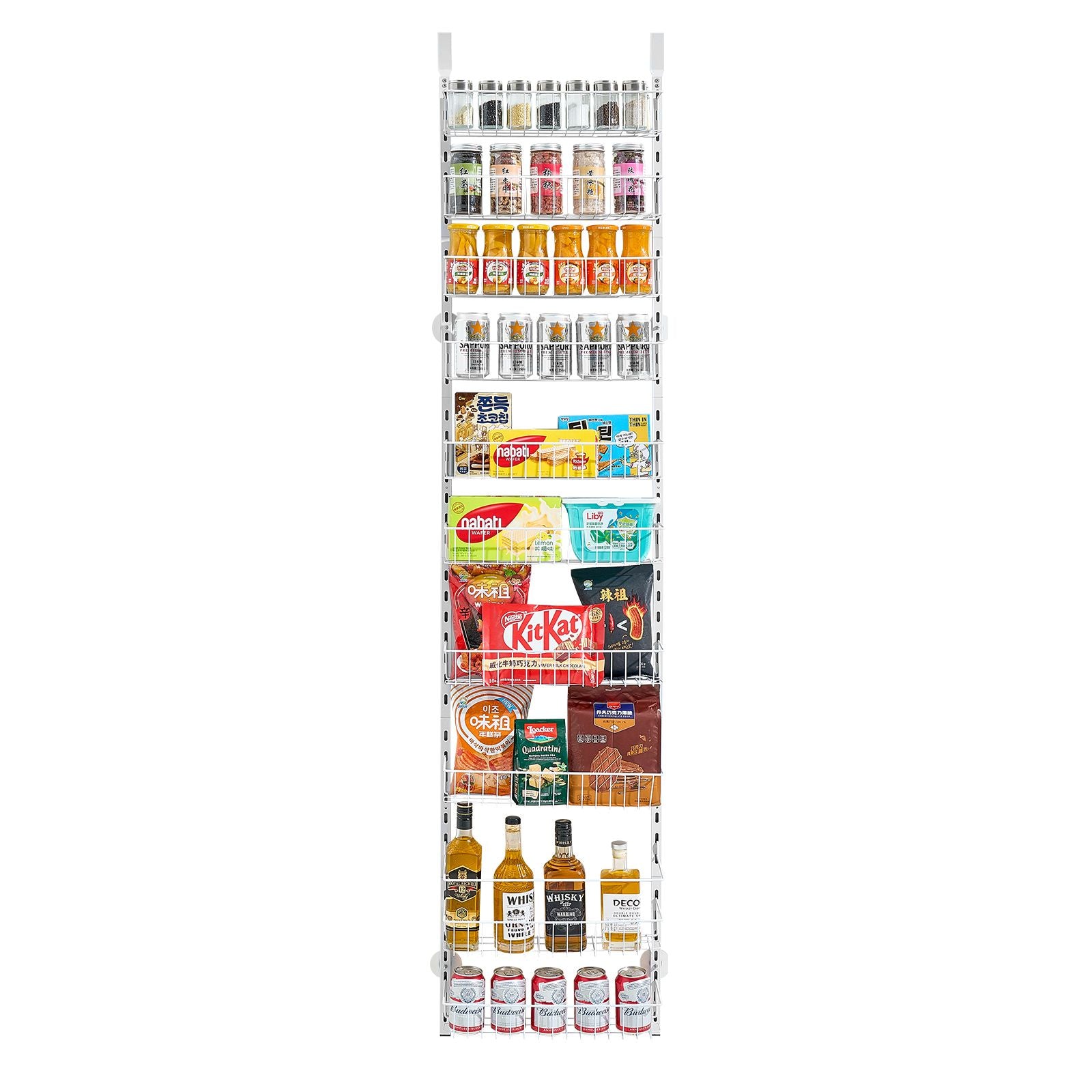 Over the Door Pantry Organizer, 10-Tier Pantry Organization and Storage, Heavy-Duty Steel Hanging Spice Rack, Adjustable Wall Seasoning Shelves, for Home Kitchen Laundry Room Bathroom, White