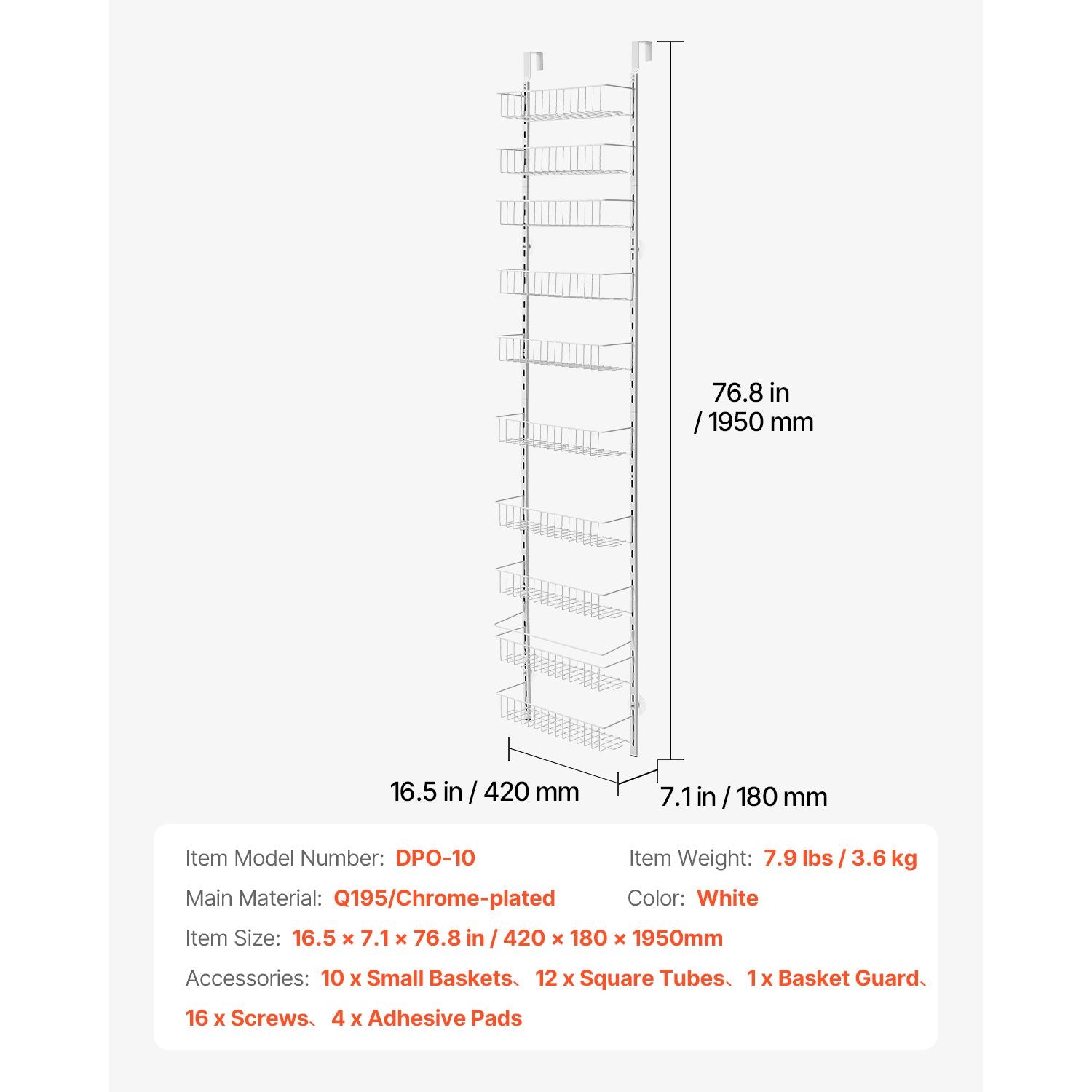 Over the Door Pantry Organizer, 10-Tier Pantry Organization and Storage, Heavy-Duty Steel Hanging Spice Rack, Adjustable Wall Seasoning Shelves, for Home Kitchen Laundry Room Bathroom, White