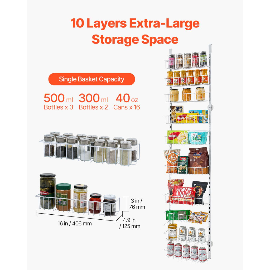 Over the Door Pantry Organizer, 10-Tier Pantry Organization and Storage, Heavy-Duty Steel Hanging Spice Rack, Adjustable Wall Seasoning Shelves, for Home Kitchen Laundry Room Bathroom, White