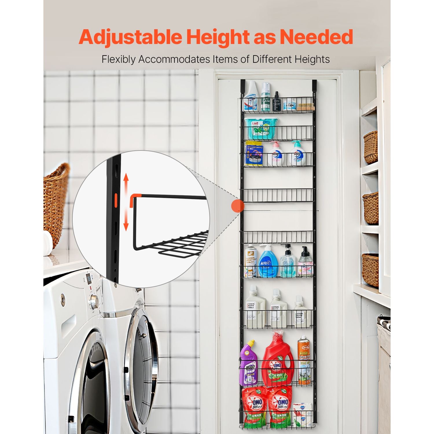 Over the Door Pantry Organizer, 9-Tier Pantry Organization and Storage, Heavy-Duty Steel Hanging Spice Rack, Adjustable Wall Seasoning Shelves, for Home Kitchen Laundry Room Bathroom, Black