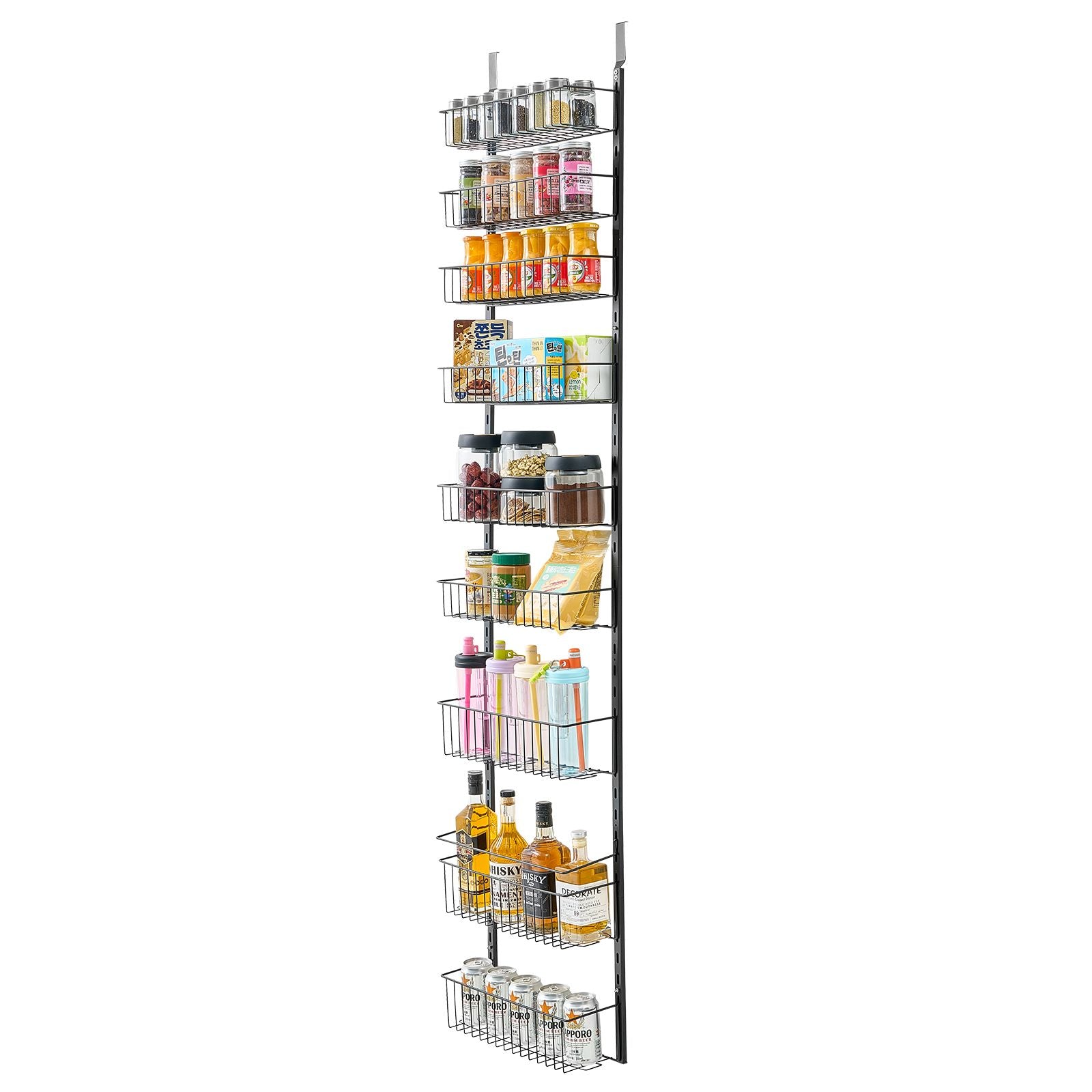 Over the Door Pantry Organizer, 9-Tier Pantry Organization and Storage, Heavy-Duty Steel Hanging Spice Rack, Adjustable Wall Seasoning Shelves, for Home Kitchen Laundry Room Bathroom, Black