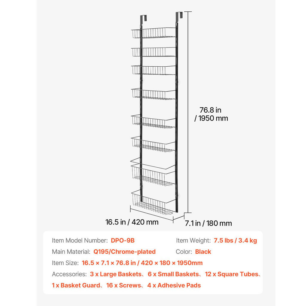 Over the Door Pantry Organizer, 9-Tier Pantry Organization and Storage, Heavy-Duty Steel Hanging Spice Rack, Adjustable Wall Seasoning Shelves, for Home Kitchen Laundry Room Bathroom, Black