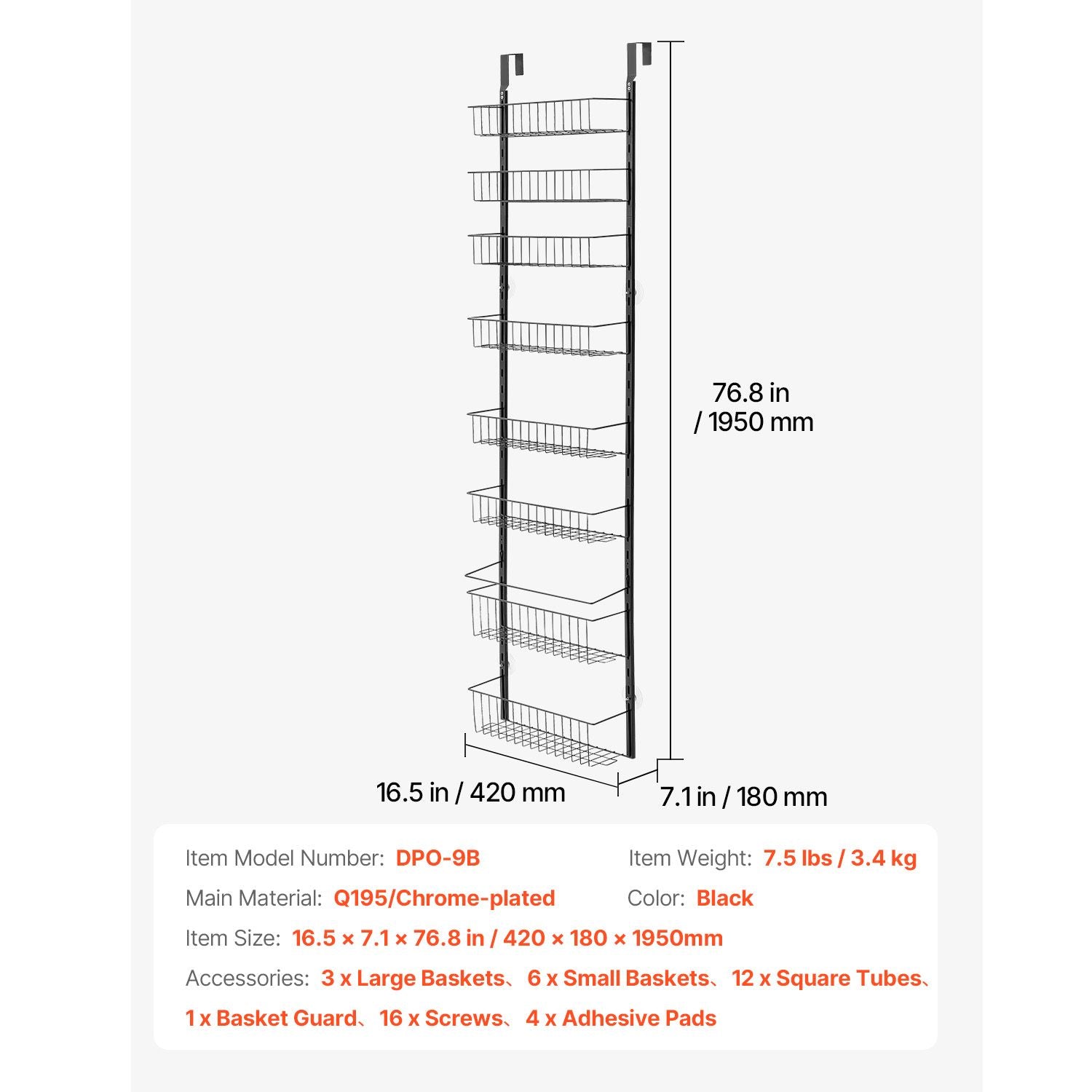 Over the Door Pantry Organizer, 9-Tier Pantry Organization and Storage, Heavy-Duty Steel Hanging Spice Rack, Adjustable Wall Seasoning Shelves, for Home Kitchen Laundry Room Bathroom, Black