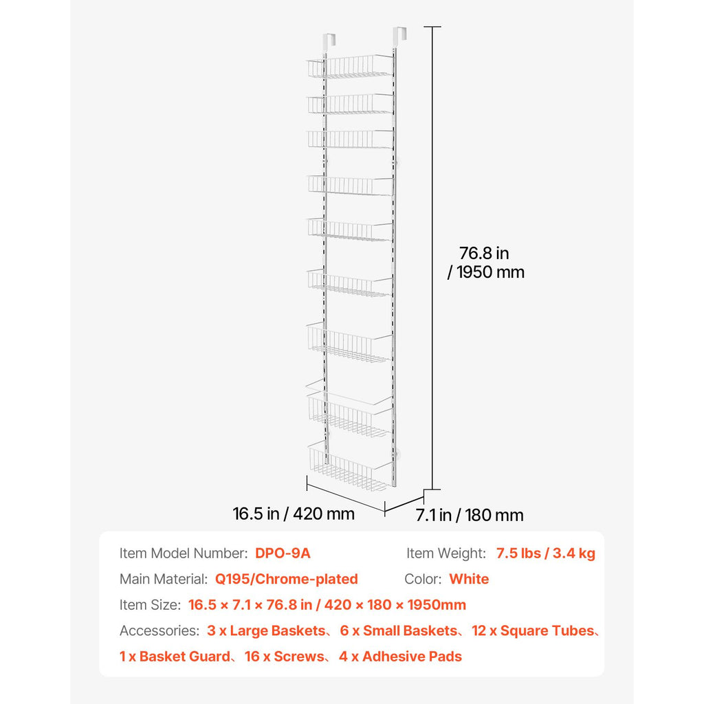 Over the Door Pantry Organizer, 9-Tier Pantry Organization and Storage, Heavy-Duty Steel Hanging Spice Rack, Adjustable Wall Seasoning Shelves, for Home Kitchen Laundry Room Bathroom, White